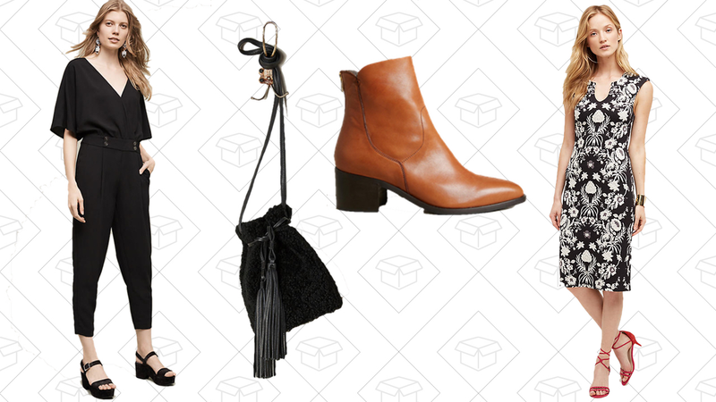 Delaware Jumpsuit, $48 | Shearling Bucket Bag, $36 | Alba Moda Lenora Booties, $72 | Etienne Dress, $60